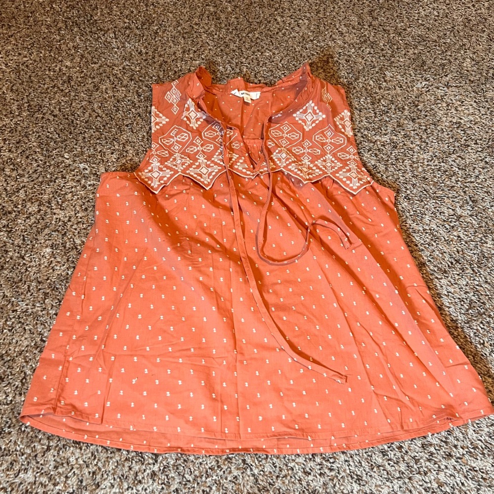 MINE Embroidered Tank Top‎ Sleeveless Boho Peasant Blouse Coral Large